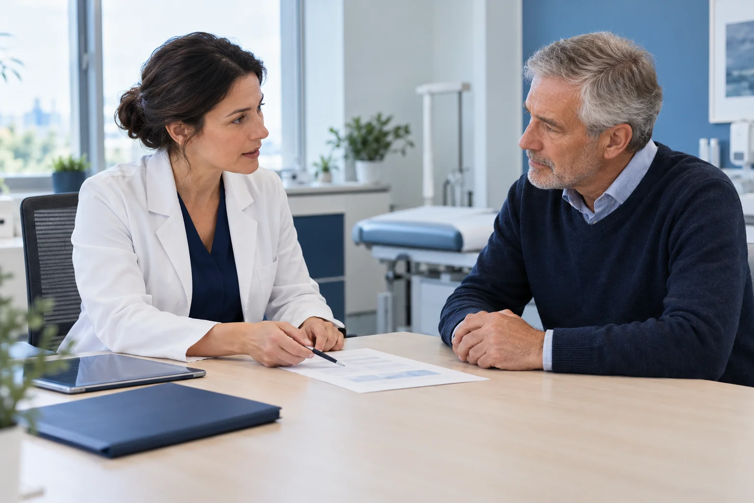 Une médecin explique un document à son patient pendant une consultation.